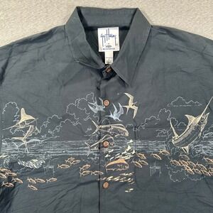 Guy Harvey AFTCO Fishing Shirt Mens L Black Cotton Short Sleeve Marlin AOP